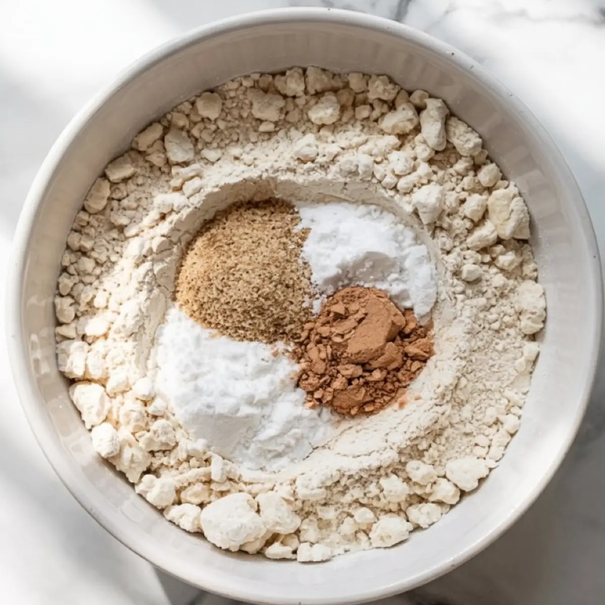 Mixing bowl filled with dry baking ingredients including flour, brown sugar, baking powder, and cocoa powder, placed on a white marble surface.