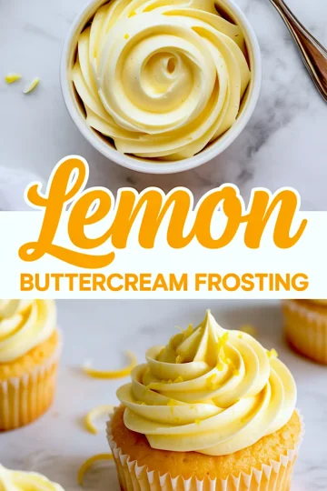 Top-down collage showing a white bowl of lemon frosting with swirled texture, a frosted cupcake topped with lemon zest, and orange script text reading “Lemon Buttercream Frosting,” styled for baking recipe sharing.