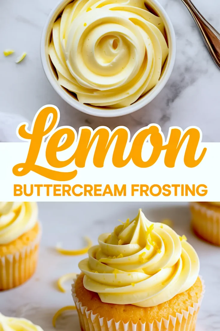 Top-down collage showing a white bowl of lemon frosting with swirled texture, a frosted cupcake topped with lemon zest, and orange script text reading “Lemon Buttercream Frosting,” styled for baking recipe sharing.