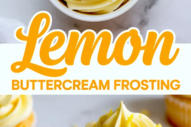 Top-down collage showing a white bowl of lemon frosting with swirled texture, a frosted cupcake topped with lemon zest, and orange script text reading “Lemon Buttercream Frosting,” styled for baking recipe sharing.