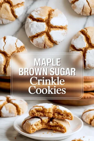 Vertical collage of maple brown sugar crinkle cookies arranged on marble, with the top view showing full cookies and the bottom showing a broken cookie stack on a white plate. Text overlay features the recipe title in bold.