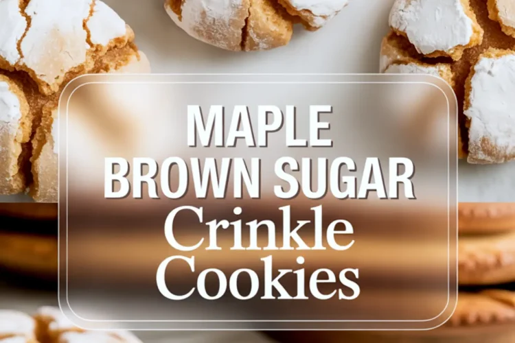 Vertical collage of maple brown sugar crinkle cookies arranged on marble, with the top view showing full cookies and the bottom showing a broken cookie stack on a white plate. Text overlay features the recipe title in bold.