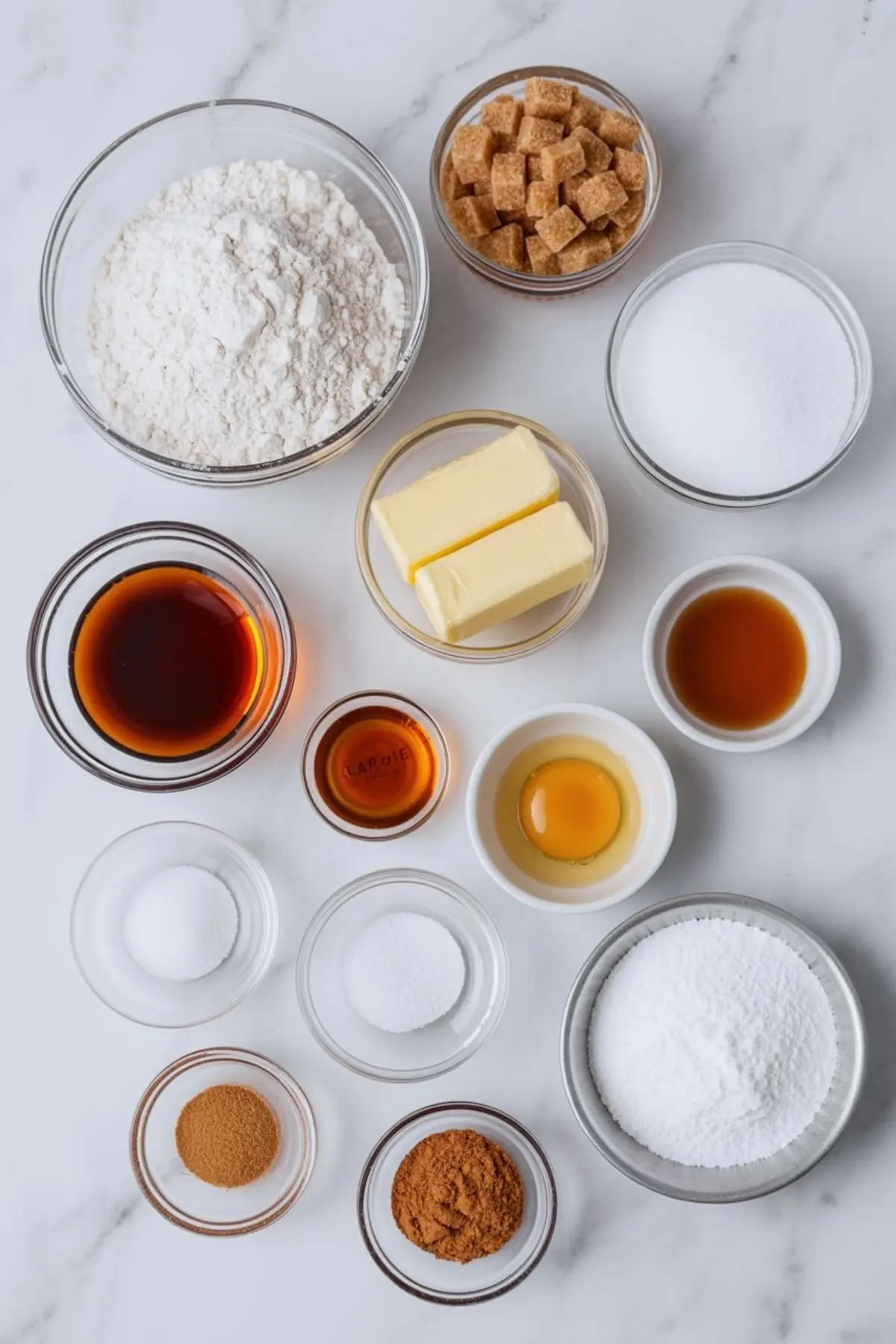 Flat lay of baking ingredients in glass bowls on a white marble surface, including flour, brown sugar cubes, granulated sugar, butter, maple syrup, vanilla extract, cinnamon, nutmeg, baking soda, baking powder, egg, and powdered sugar, arranged for maple brown sugar cookies.
