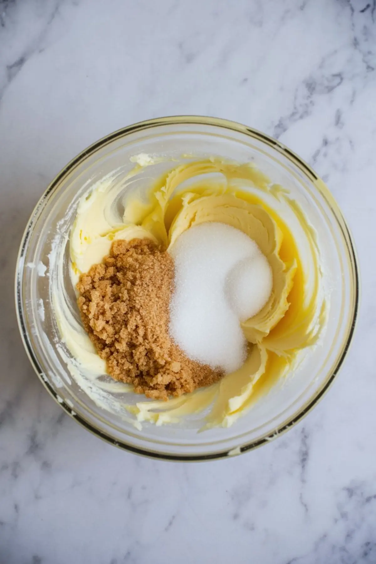 Glass bowl with creamed butter, brown sugar, and white sugar on a marble surface, showing an early step in mixing cookie dough for maple crinkle cookies.

