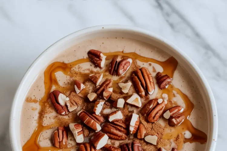 Maple pecan smoothie bowl topped with whole pecans, maple syrup drizzle, and a dusting of cinnamon, set against a light marble background with text overlay.