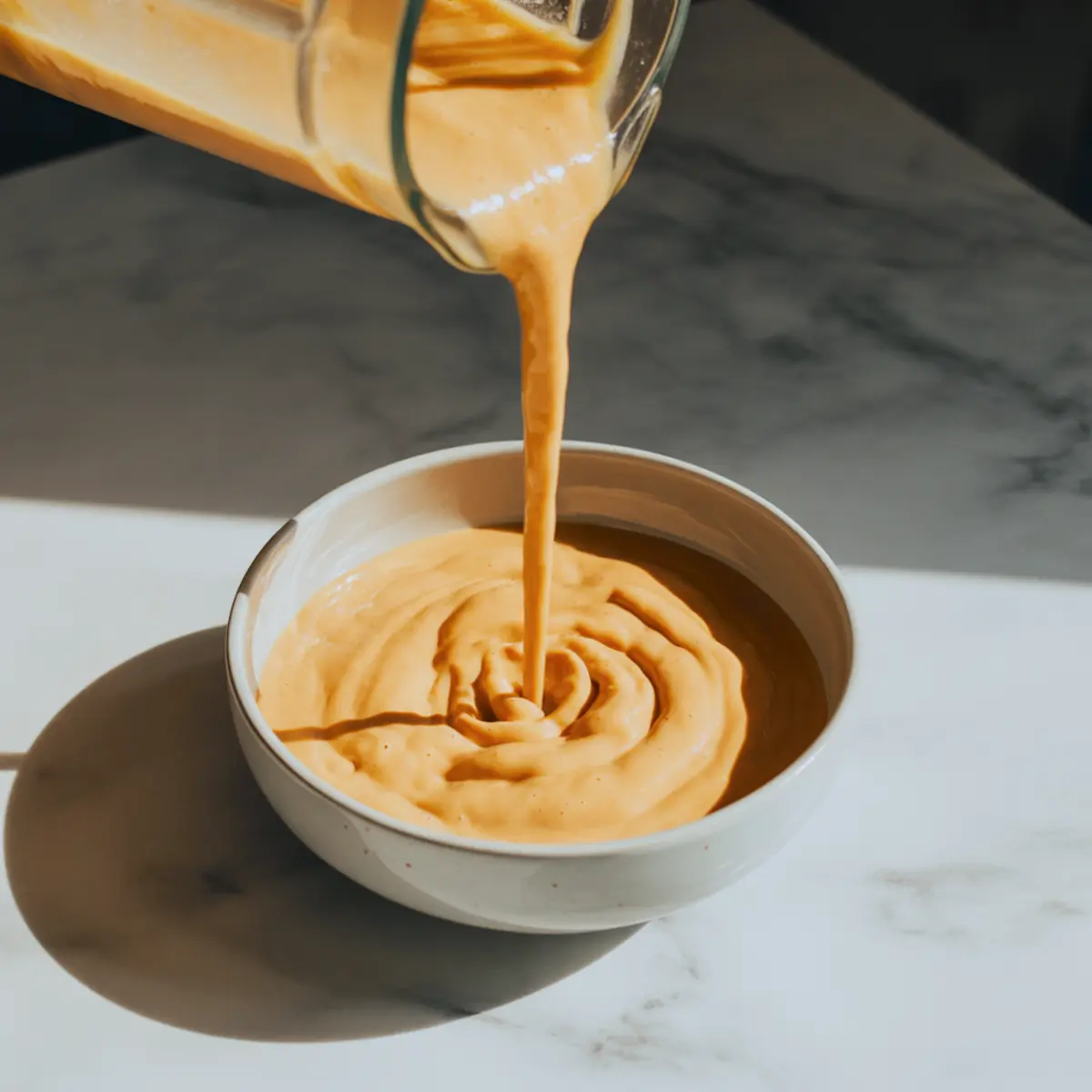 Smooth and creamy maple banana smoothie being poured from a blender into a white ceramic bowl on a marble countertop in natural light.
