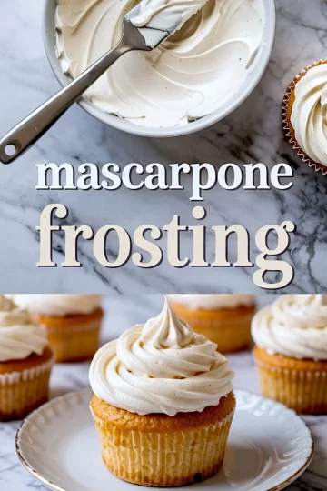 Overhead collage showing a bowl of smooth mascarpone frosting with an offset spatula and vanilla cupcakes topped with piped mascarpone frosting, styled on a marble surface.