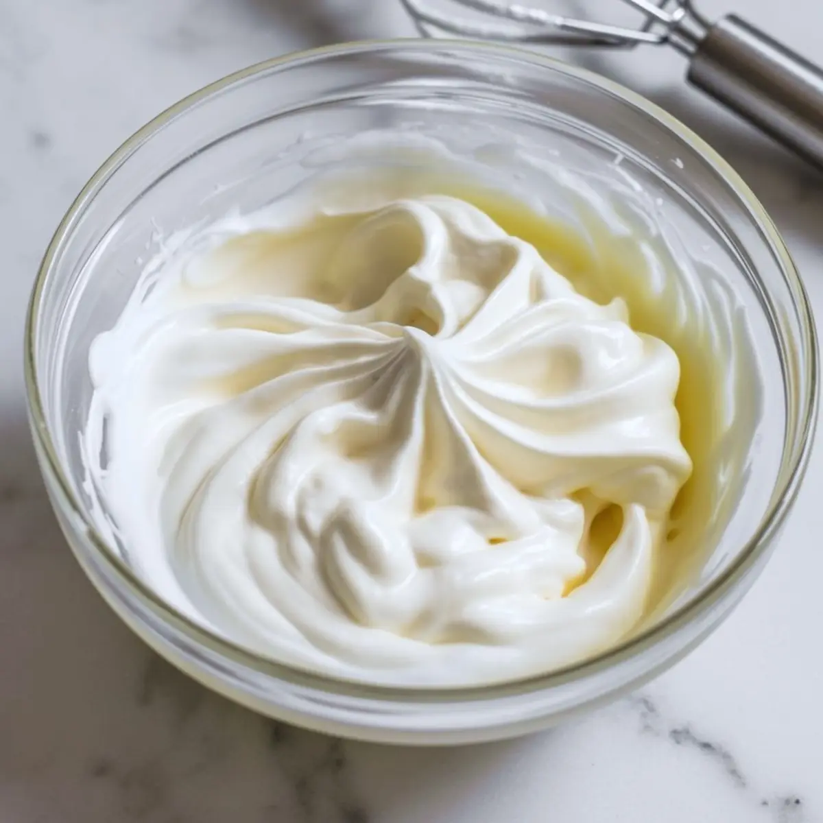 Freshly whipped heavy cream in a glass bowl with soft peaks, prepared for folding into a mascarpone frosting mixture.