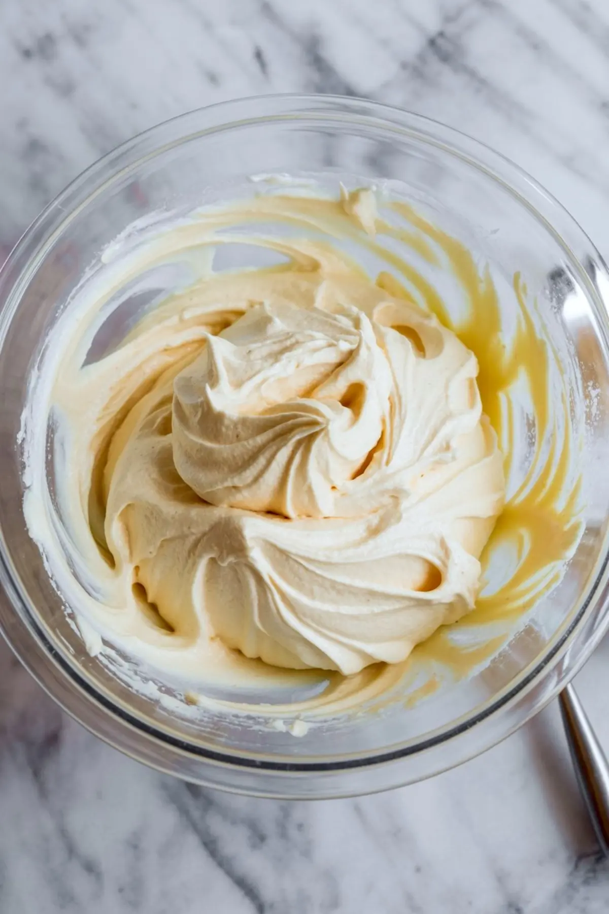 Creamy mascarpone frosting fully blended to a fluffy texture in a glass bowl, showing swirls of smooth consistency on a marble surface.
