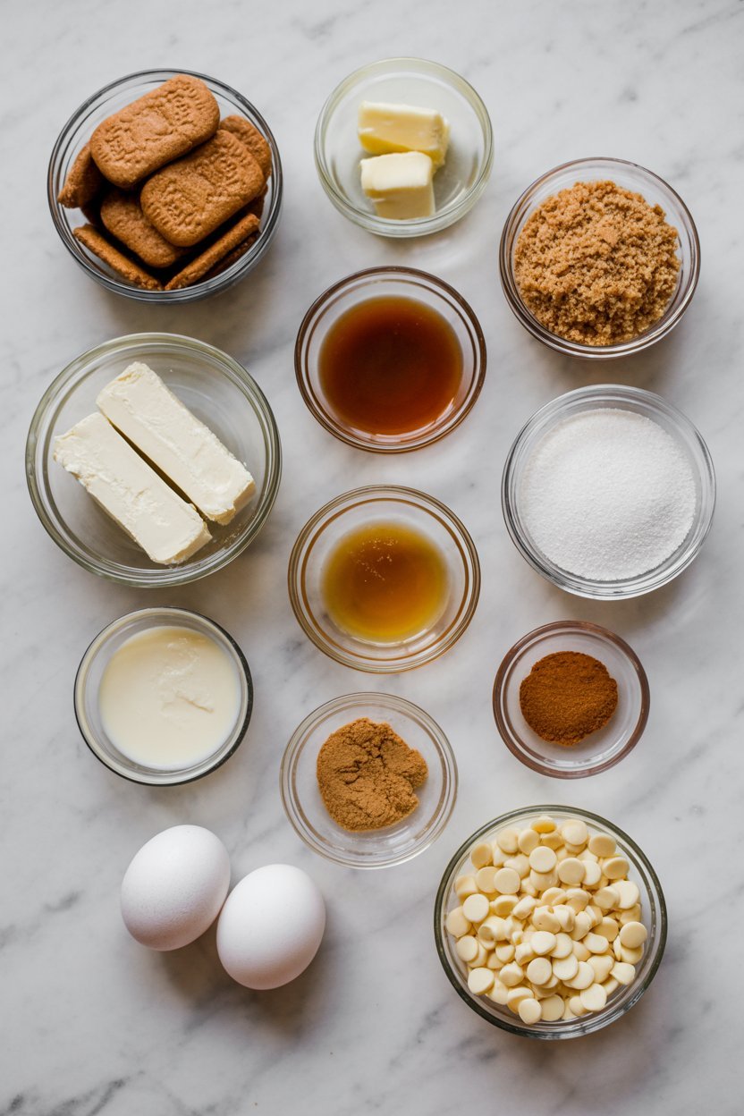 Flat lay of gingerbread cheesecake bar ingredients including gingersnap cookies, cream cheese, butter, brown sugar, cinnamon, nutmeg, white chocolate chips, eggs, vanilla extract, and sweetened condensed milk.
