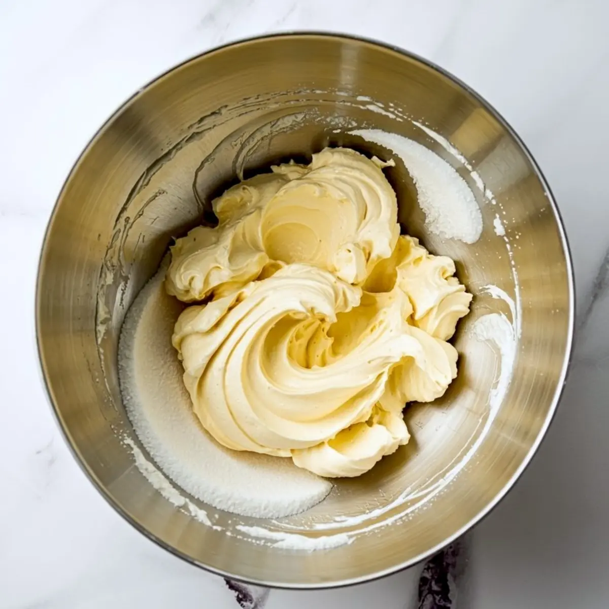 Metal mixing bowl with creamed butter and sugar mixture, whipped to a smooth texture on a white marble surface.