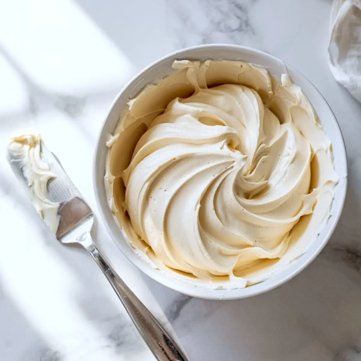 Swirled vanilla frosting in a white bowl with an offset spatula coated in frosting, placed on a white marble surface.