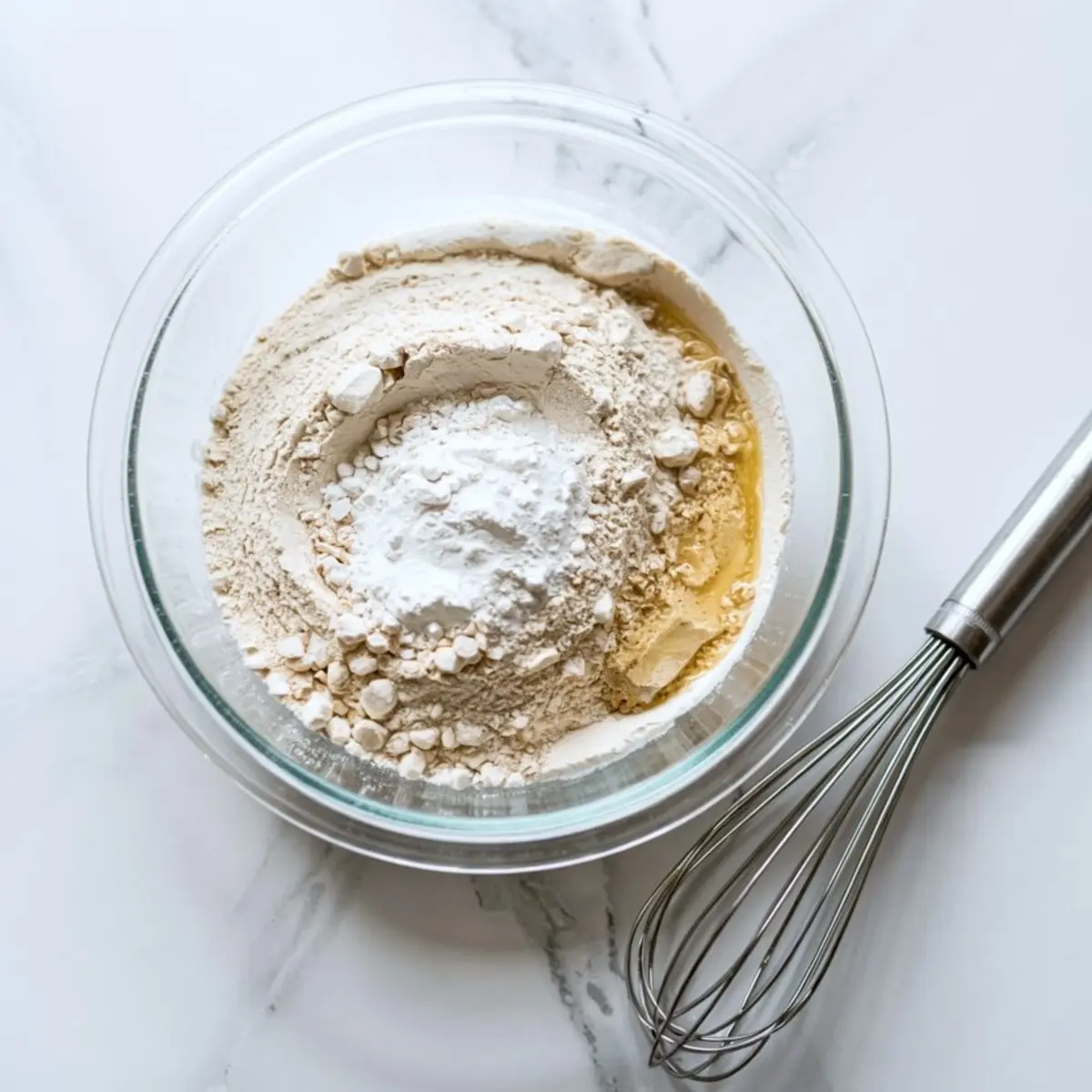Glass mixing bowl with dry baking ingredients including flour, baking powder, and sugar, alongside a wire whisk on a marble countertop.