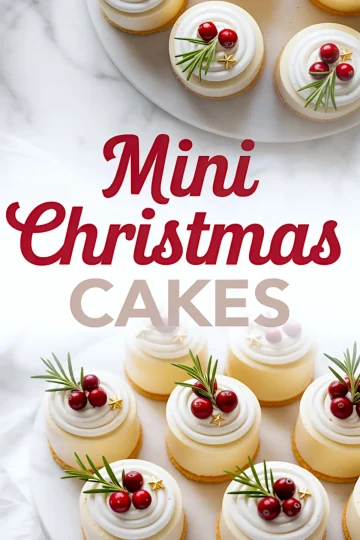 Top-down collage of mini Christmas cakes on a white platter, each decorated with swirled white frosting, bright cranberries, rosemary sprigs, and edible gold stars, with festive lettering overlay.