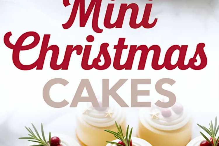 Top-down collage of mini Christmas cakes on a white platter, each decorated with swirled white frosting, bright cranberries, rosemary sprigs, and edible gold stars, with festive lettering overlay.