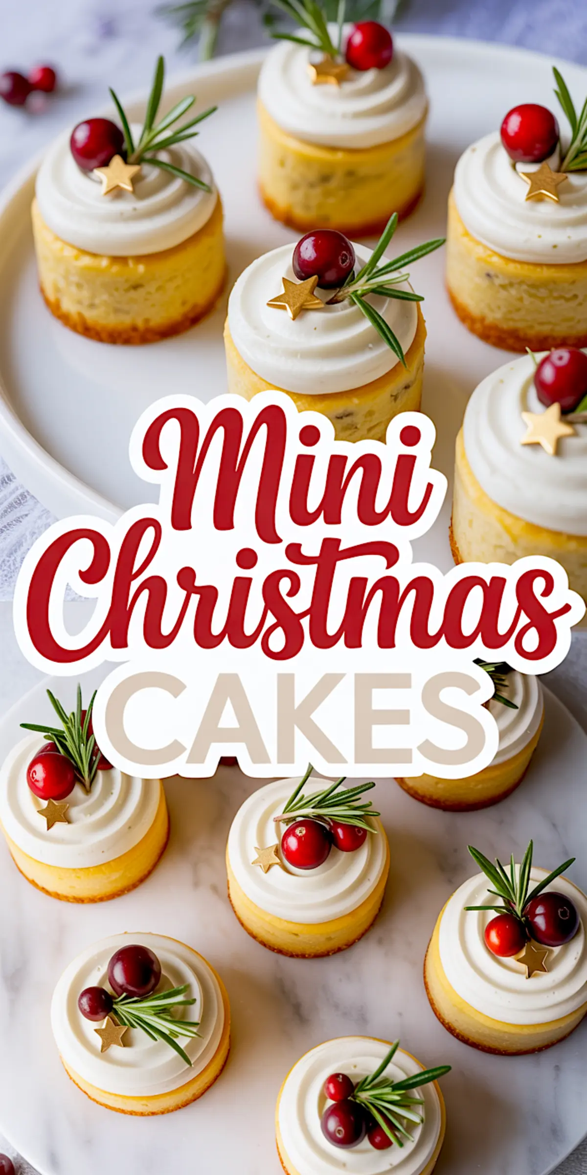 Decorated mini Christmas cakes topped with vanilla frosting, fresh cranberries, rosemary sprigs, and gold star decorations, styled on a white plate with festive text overlay.