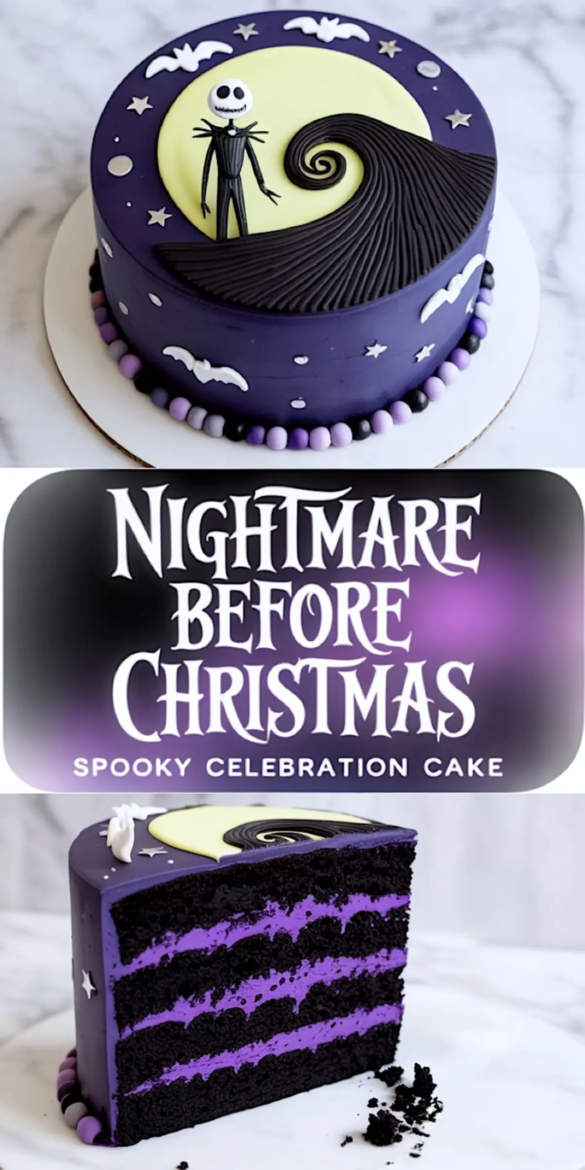 Collage showing a Nightmare Before Christmas themed celebration cake decorated with Jack Skellington, a yellow moon, and purple frosting, alongside a sliced view revealing dark chocolate cake layers with vivid purple filling.
