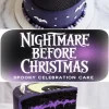 Collage of Nightmare Before Christmas spooky cake with Jack Skellington topper, purple and black fondant decorations, and a sliced interior view highlighting black cocoa cake with purple buttercream layers.