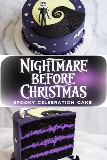 Collage of Nightmare Before Christmas spooky cake with Jack Skellington topper, purple and black fondant decorations, and a sliced interior view highlighting black cocoa cake with purple buttercream layers.