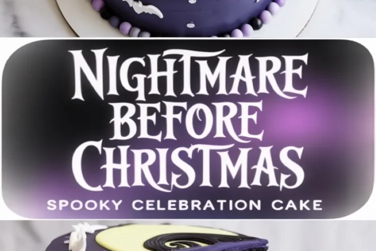Collage of Nightmare Before Christmas spooky cake with Jack Skellington topper, purple and black fondant decorations, and a sliced interior view highlighting black cocoa cake with purple buttercream layers.