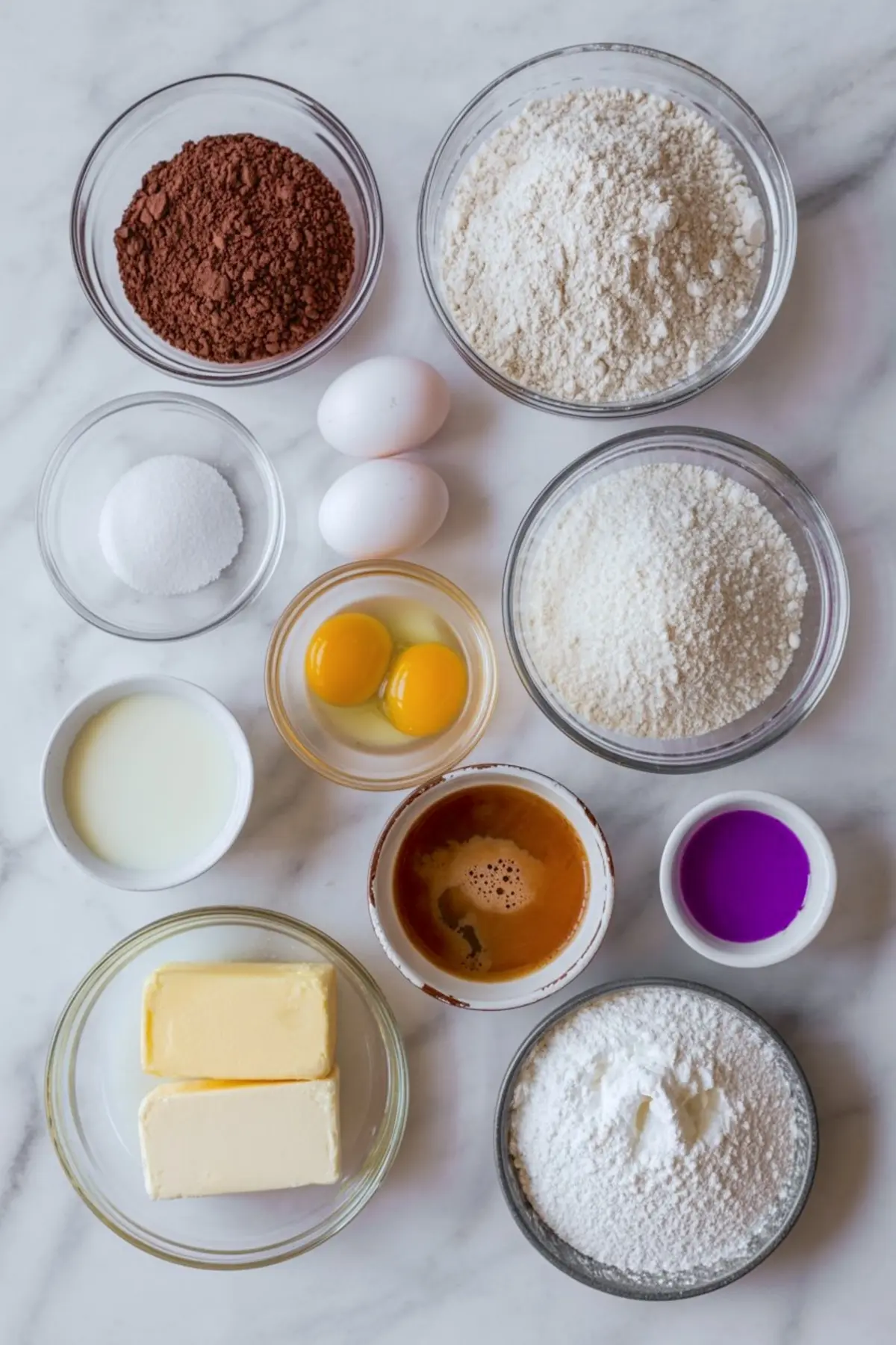 Overhead view of baking ingredients in glass bowls on a marble countertop, including cocoa powder, flour, powdered sugar, granulated sugar, eggs, milk, butter, espresso, purple food coloring, and vanilla extract for making a chocolate layer cake.
