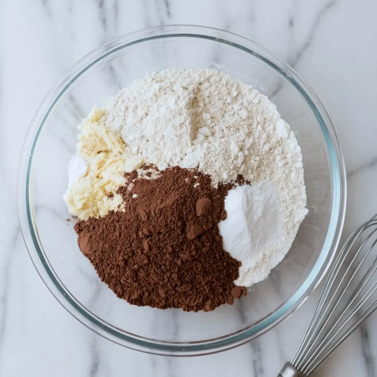 Top-down view of dry cake ingredients in a mixing bowl, showing cocoa powder, flour, baking soda, and powdered milk before whisking for a chocolate cake batter.
