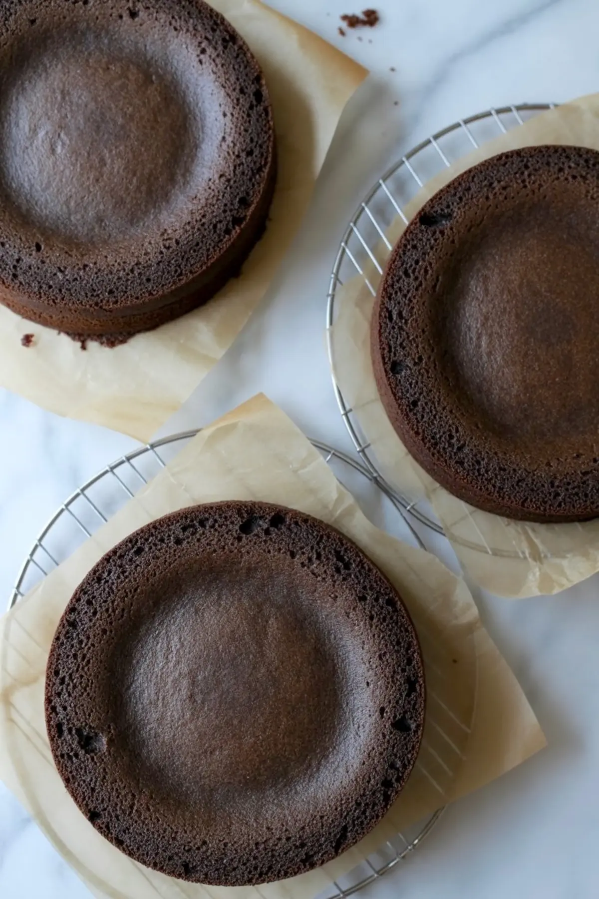 Three round chocolate cake layers cooling on wire racks lined with parchment paper, showcasing the baked texture before stacking.
