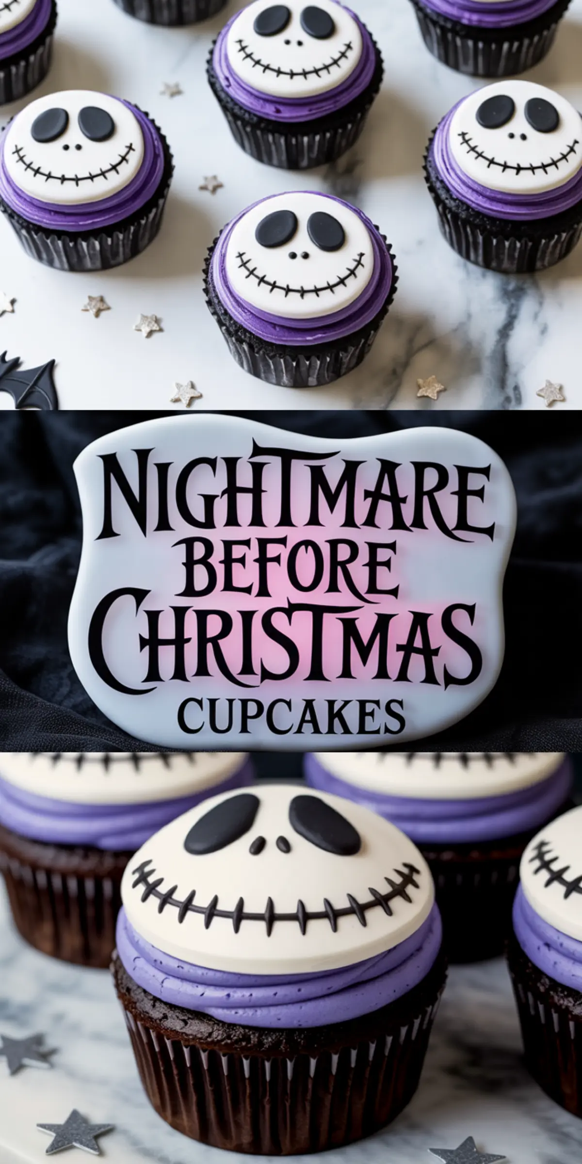 Decorated Nightmare Before Christmas cupcakes with purple buttercream frosting and Jack Skellington fondant toppers, styled with metallic star confetti and a themed title graphic.