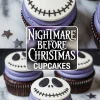 Nightmare Before Christmas cupcakes arranged with purple buttercream and fondant Jack Skellington faces, surrounded by silver star confetti and themed text graphics.