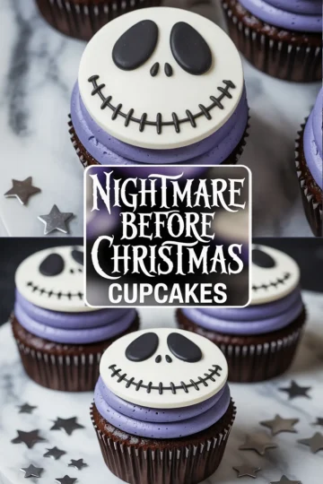 Nightmare Before Christmas cupcakes arranged with purple buttercream and fondant Jack Skellington faces, surrounded by silver star confetti and themed text graphics.