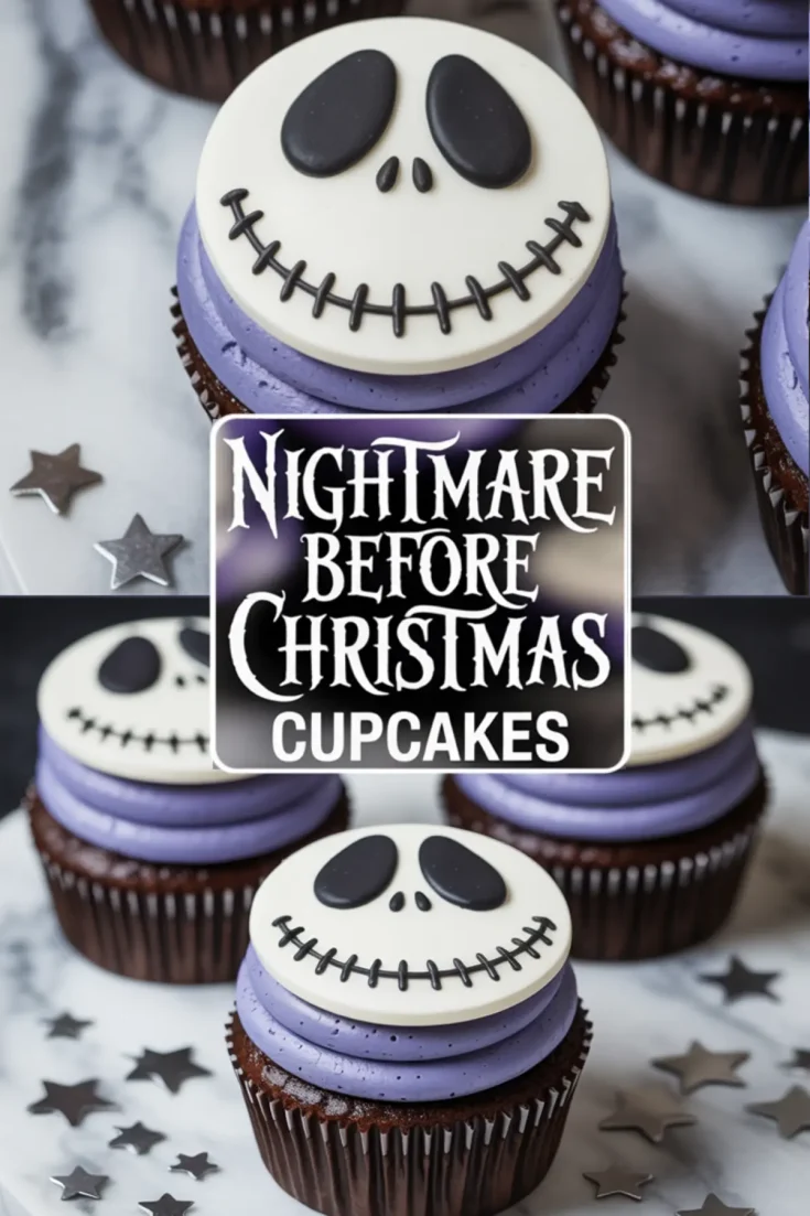 Nightmare Before Christmas cupcakes arranged with purple buttercream and fondant Jack Skellington faces, surrounded by silver star confetti and themed text graphics.