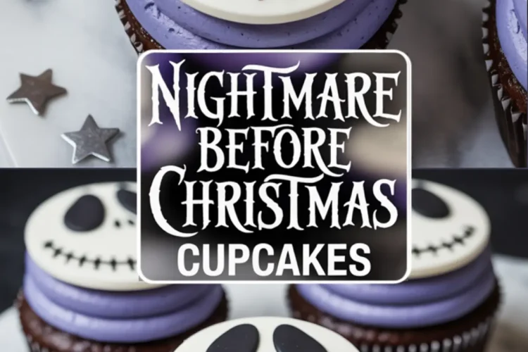 Nightmare Before Christmas cupcakes arranged with purple buttercream and fondant Jack Skellington faces, surrounded by silver star confetti and themed text graphics.