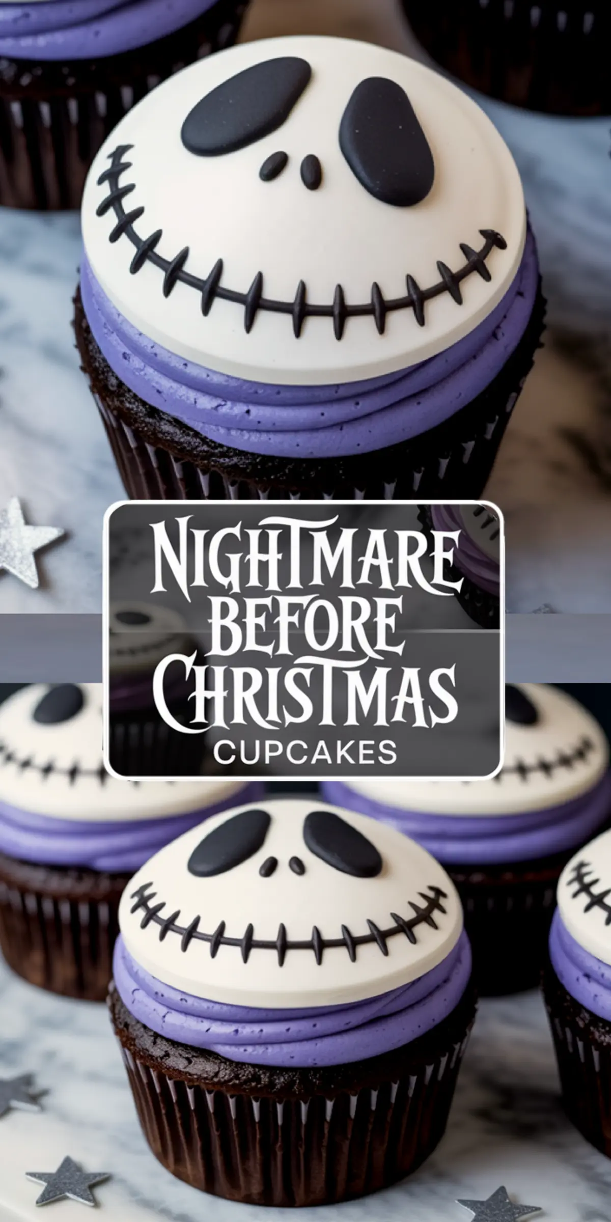 Close-up collage of Jack Skellington cupcakes featuring purple swirled frosting and spooky fondant face decorations with a “Nightmare Before Christmas Cupcakes” label overlay.