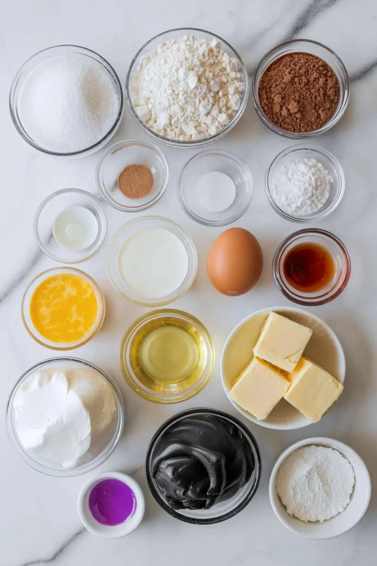Flat lay of cupcake ingredients on a marble surface including flour, sugar, cocoa powder, butter, egg, oil, milk, vanilla extract, food coloring, and black and white frostings.