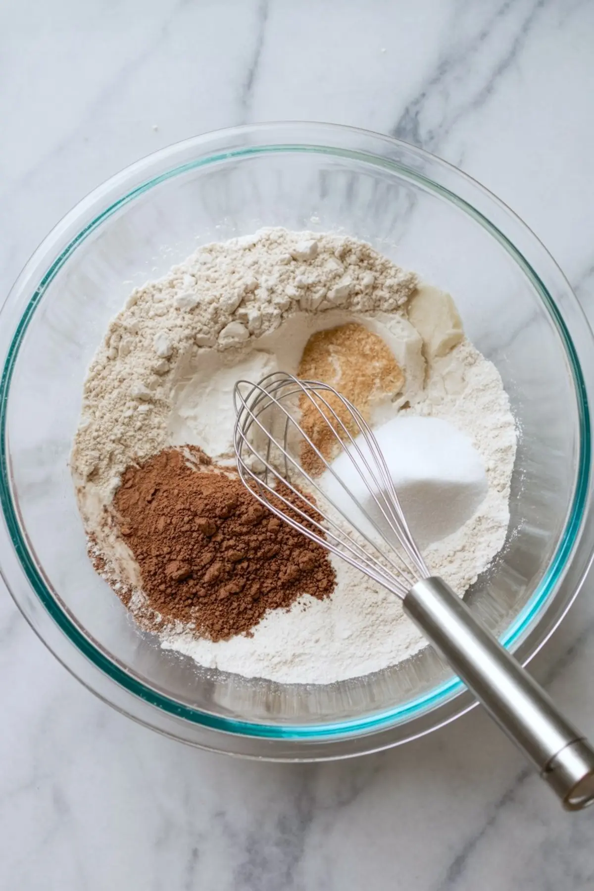 Glass mixing bowl with dry cupcake ingredients like flour, cocoa powder, baking powder, and sugar, with a stainless steel whisk resting inside.