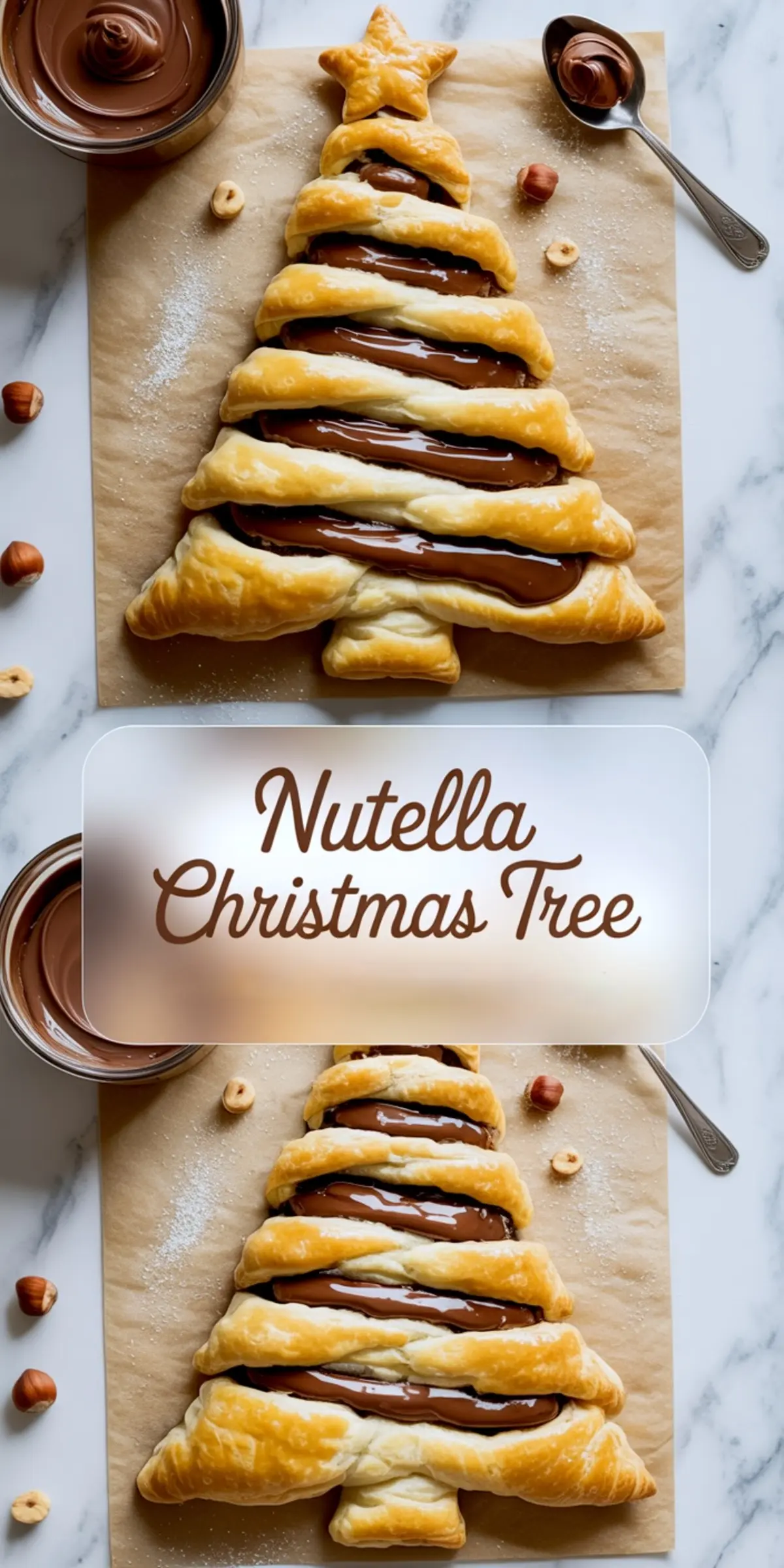 Two views of a Nutella Christmas tree pastry made with puff pastry and chocolate hazelnut spread, shaped like a tree with a star on top, displayed on parchment paper with scattered hazelnuts and a spoonful of Nutella; includes overlaid “Nutella Christmas Tree” text.
