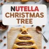 Nutella-filled puff pastry Christmas tree shown from two angles on parchment paper, surrounded by hazelnuts and a spoonful of spread, with a bold “Nutella Christmas Tree” text overlay and festive ingredients in the frame.