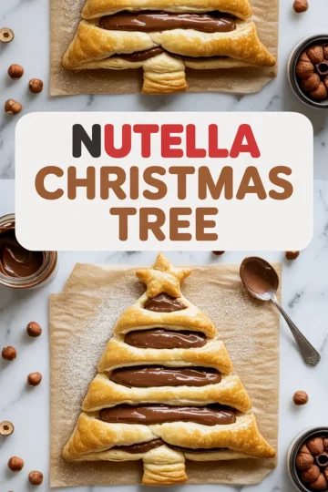Nutella-filled puff pastry Christmas tree shown from two angles on parchment paper, surrounded by hazelnuts and a spoonful of spread, with a bold “Nutella Christmas Tree” text overlay and festive ingredients in the frame.