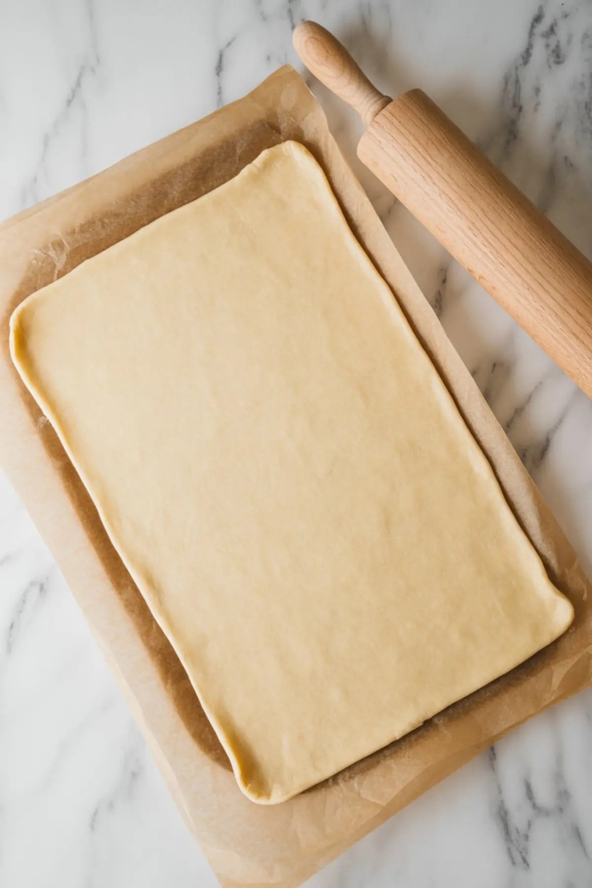Unbaked sheet of puff pastry rolled out on parchment paper with a wooden rolling pin beside it, ready for shaping into a holiday pastry on a marble countertop.
