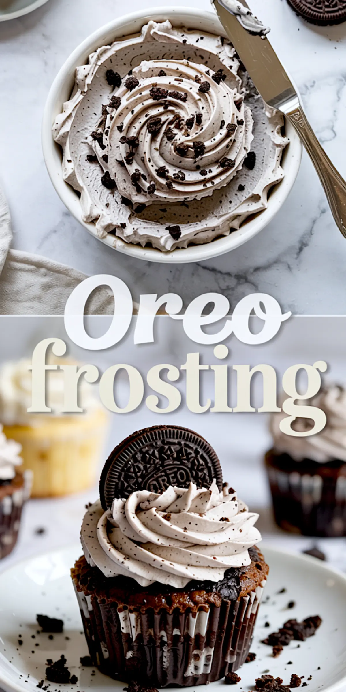 Smooth vanilla buttercream frosting whipped to a fluffy texture in a metal bowl on a marble surface.