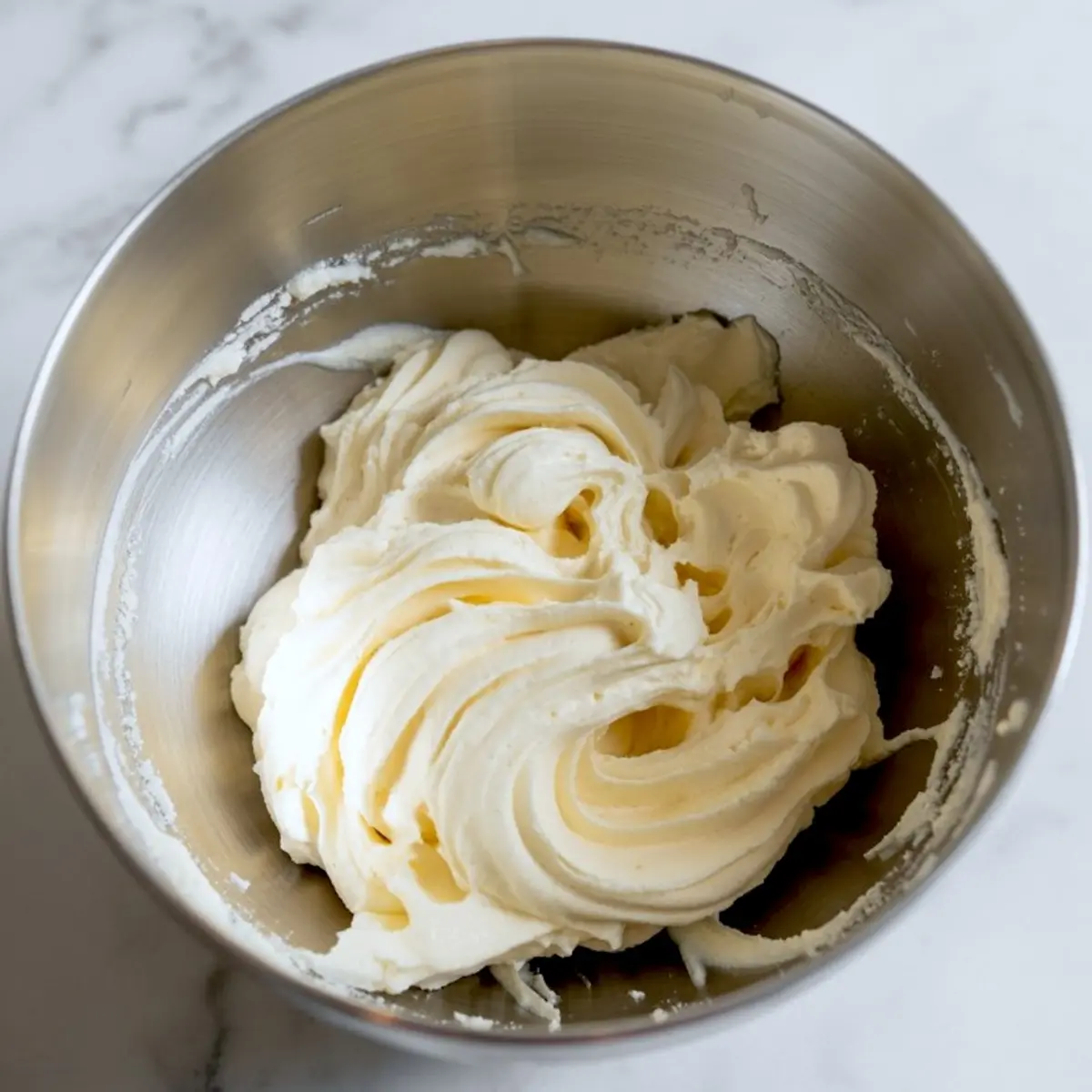 Smooth vanilla buttercream frosting whipped to a fluffy texture in a metal bowl on a marble surface.