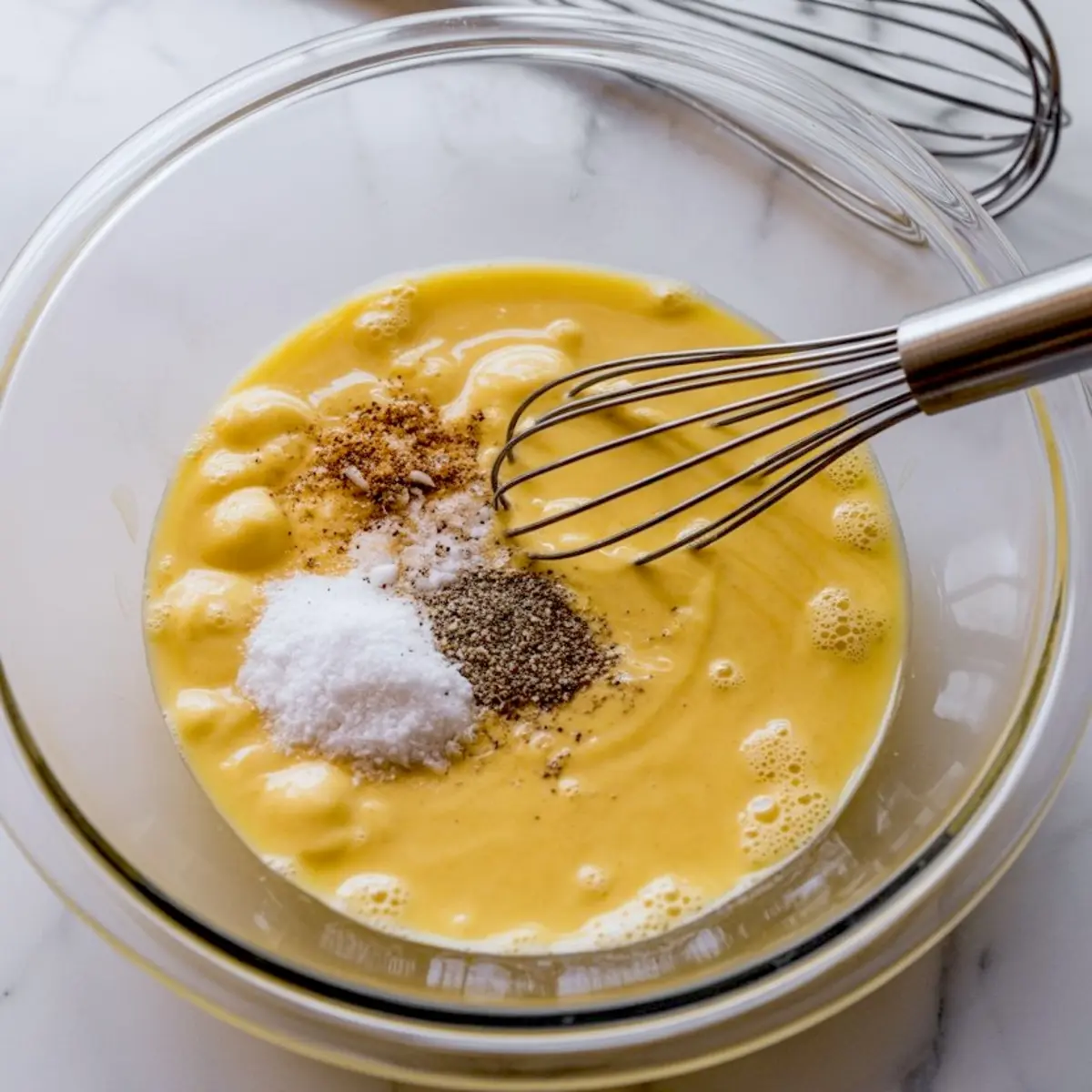 Glass mixing bowl filled with whisked eggs topped with salt, black pepper, and seasoning, with a metal whisk ready for blending, showing preparation for an easy breakfast casserole.
