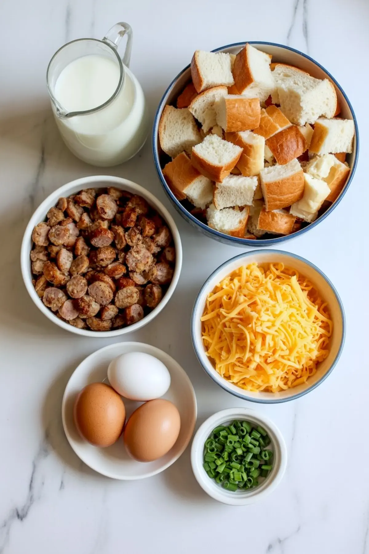 Flat lay of casserole ingredients including cubed bread, shredded cheddar cheese, cooked sausage slices, green onions, eggs, and milk, ready to make an overnight breakfast casserole.
