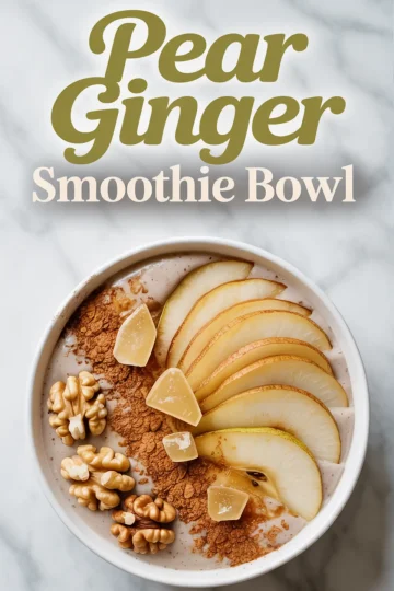 Overhead view of a pear ginger smoothie bowl topped with thin pear slices, chopped candied ginger, walnuts, and ground cinnamon, placed on a light marble surface with text above reading “Pear Ginger Smoothie Bowl.”