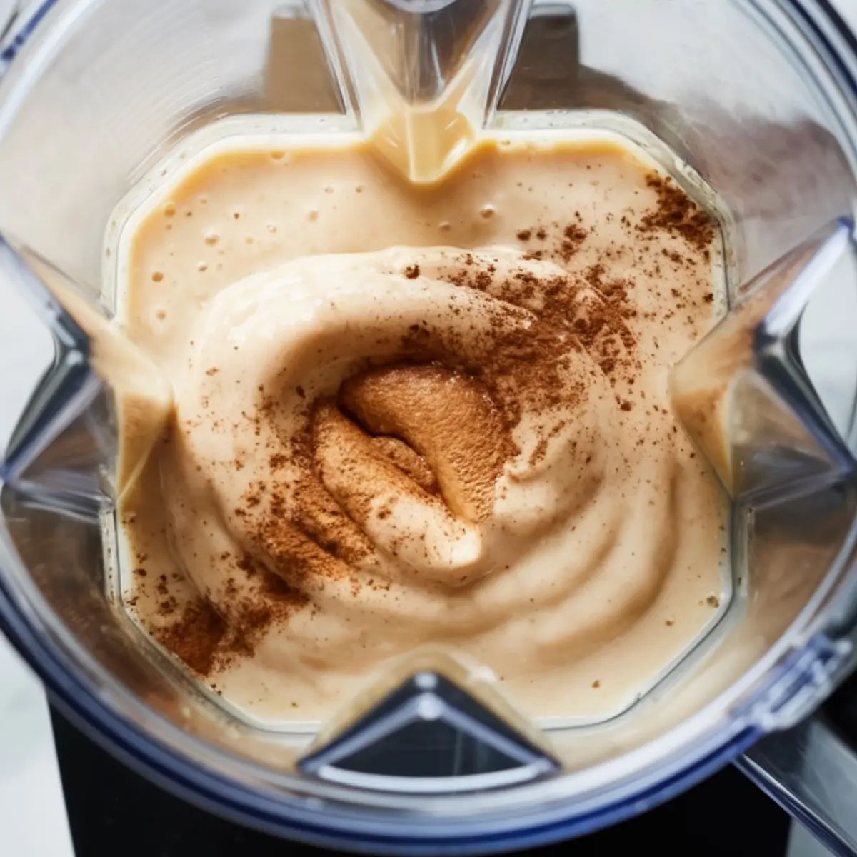 Creamy smoothie blend with cinnamon swirls inside a high-speed blender, highlighting the thick texture of a pear ginger smoothie in progress.