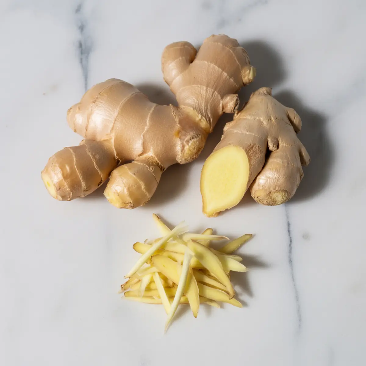 Whole ginger roots with one cut open to show the yellow interior, accompanied by a small pile of julienned fresh ginger on a marble surface.