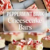 vertical collage highlighting peppermint bark cheesecake bars with crushed peppermint topping. Top image shows a group of square bars from above, and the bottom image features a close-up of a cut bar showing creamy layers over a chocolate crust. Bold text in center reads “Peppermint Bark Cheesecake Bars.”