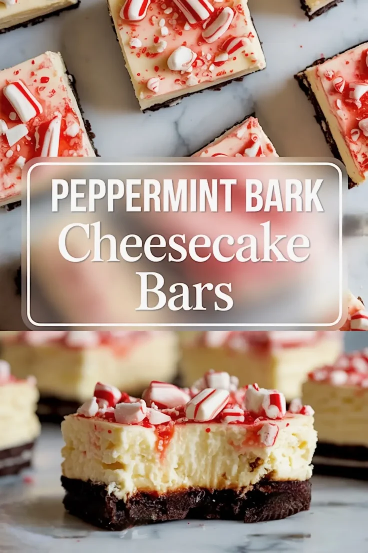 vertical collage highlighting peppermint bark cheesecake bars with crushed peppermint topping. Top image shows a group of square bars from above, and the bottom image features a close-up of a cut bar showing creamy layers over a chocolate crust. Bold text in center reads “Peppermint Bark Cheesecake Bars.”