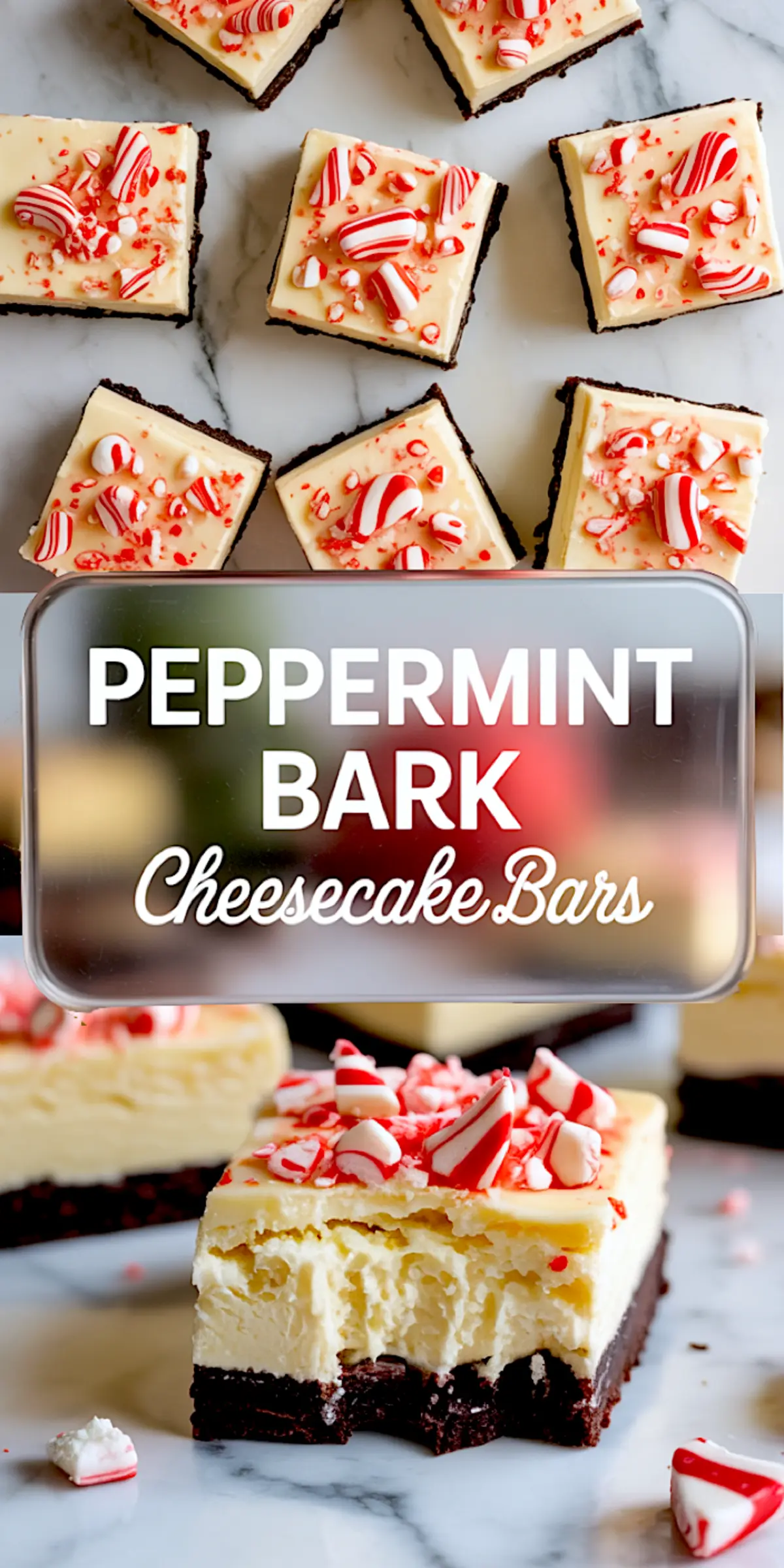 Two-part vertical collage showing peppermint bark cheesecake bars from a top view and a side view. Top image displays neatly cut squares topped with crushed peppermint candies on creamy cheesecake. Bottom image shows a close-up of a bitten bar, revealing layers of dense chocolate crust, rich cheesecake filling, and peppermint topping. Text overlay reads “Peppermint Bark Cheesecake Bars.”

