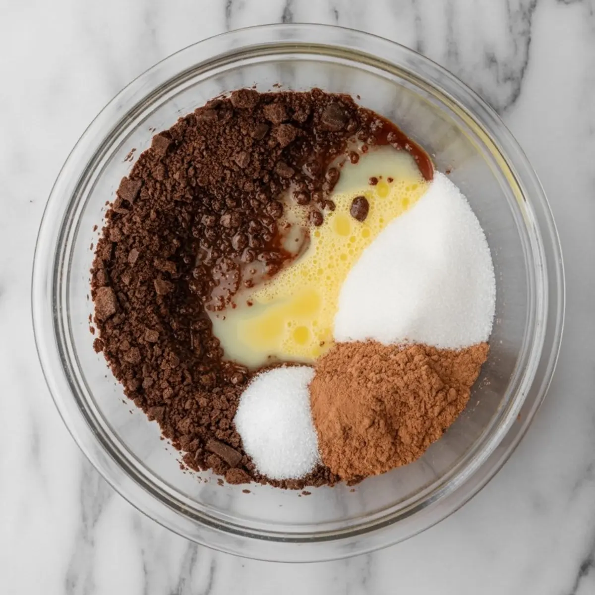 Bowl of brownie crust ingredients including cocoa powder, granulated sugar, chocolate chunks, and melted butter placed on a white marble counter before mixing.
